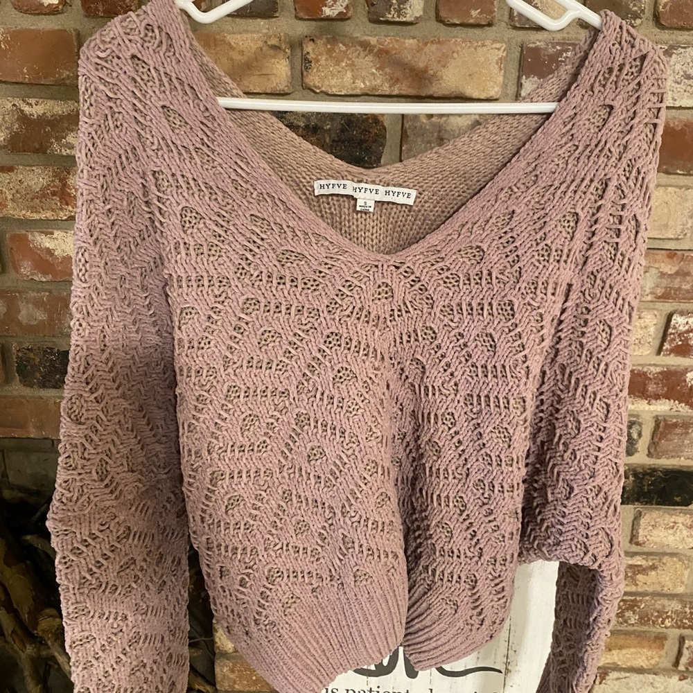pink open-knit V-neck sweater